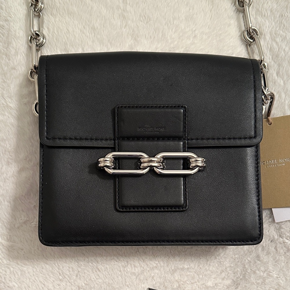 Michael Kors Collection Black Leather Crossbody Bag with Silver Chain Cate sm.